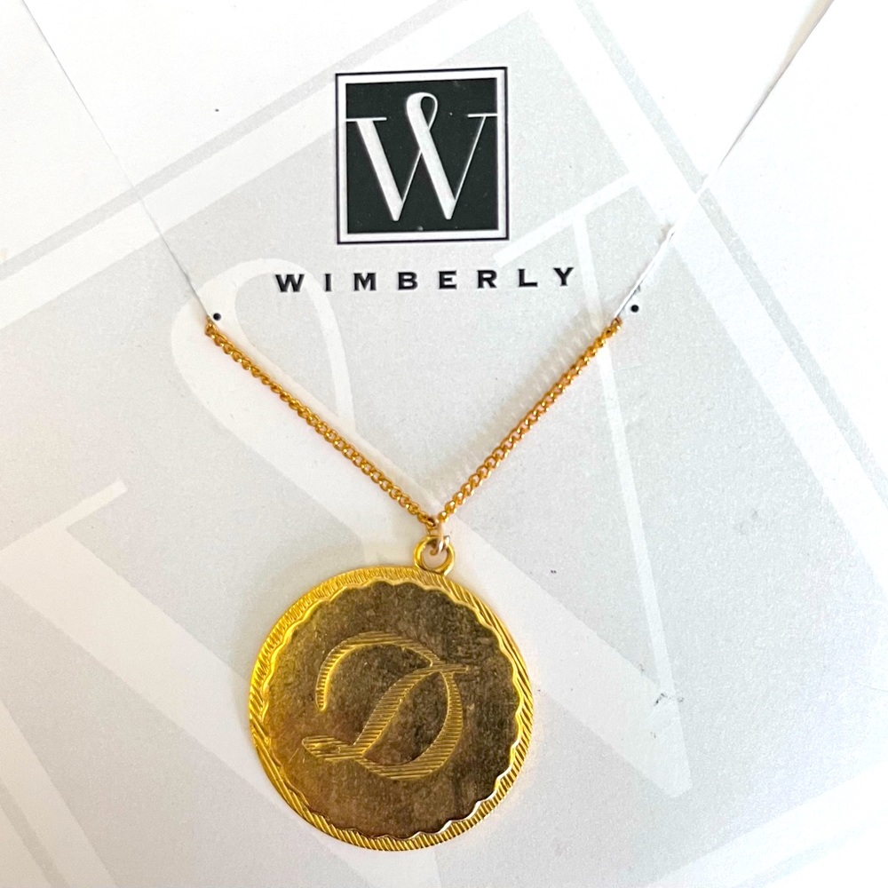Wimberly gold plated large circle initial necklace.  letter “D”.  long chain.